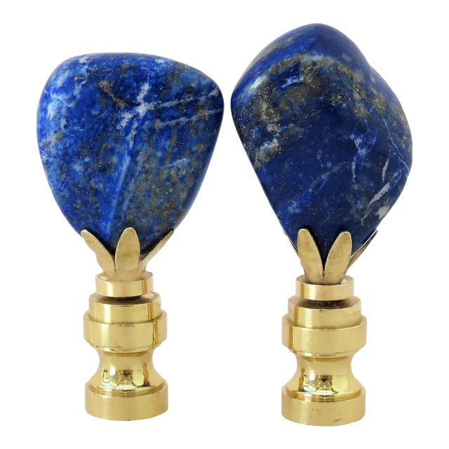 Lapis Lazuli Finials in Brass by C. Damien Fox, a Pair. For Sale