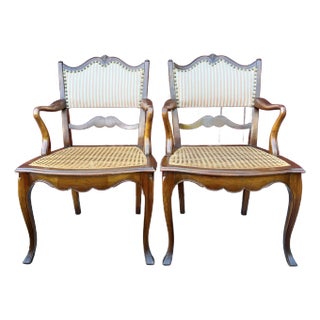 French Country Caned and Upholstered Accent Chairs -a Pair For Sale