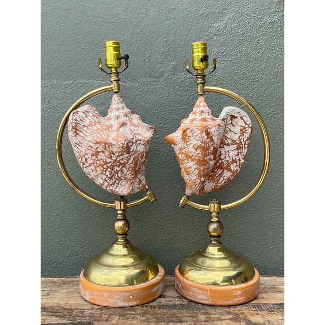 Late 20th Century Vintage Brass and Wood Shell Lamps - Pair For Sale - Image 5 of 12
