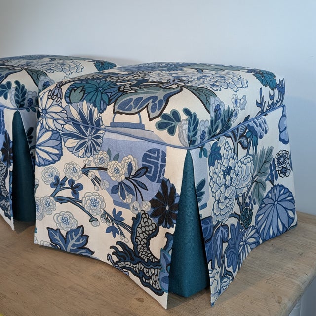 Schumacher Chiang Mai Dragon Skirted Ottomans in China Blue - Pair For Sale - Image 9 of 13