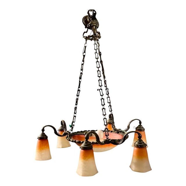 French Art Deco Glass 7-Light Chandelier from Schneider, 1920s For Sale - Image 3 of 6