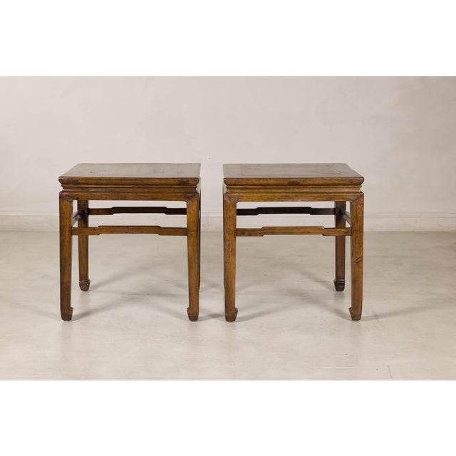 Wood Pair of Vintage Chinese Hardwood Side Tables with Humpback Stretchers For Sale - Image 7 of 12