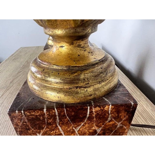 Pair of Italian Giltwood Carved Lamps on Faux Marble Bases For Sale - Image 9 of 10