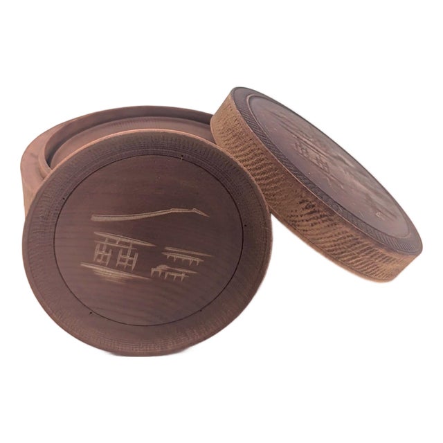 Mid 20th Century Carved Teak Wood Beverage Coasters, Set of 7 For Sale