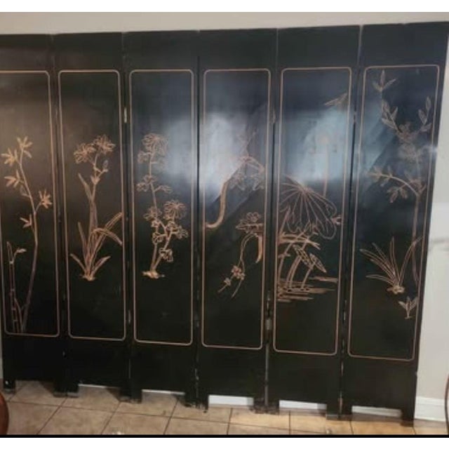 Large Antique 7' Chinese 6-Panel Lacquer Folding Screen – Sanxing Three Star Gods– Hand Painted/Gilt For Sale - Image 9 of 9