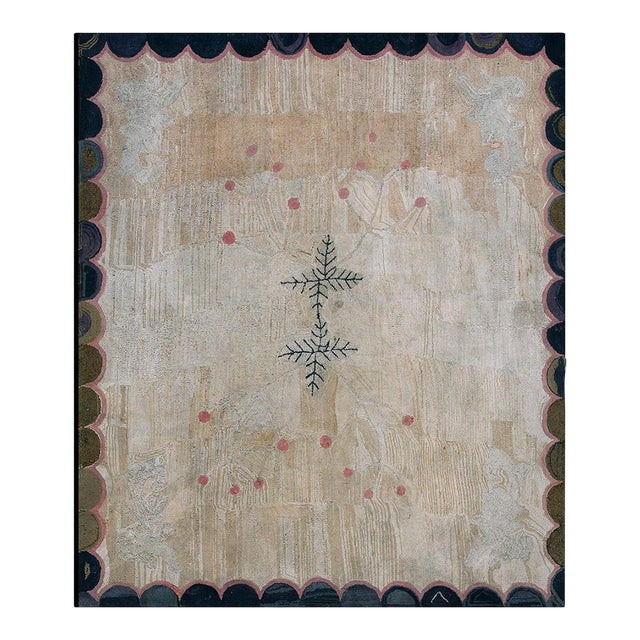 1900s Ivory Star Folk Art Antique American Hooked Rug 5'8" X 6'8" Hooked - Loop Pile Wool Cotton Carpet For Sale