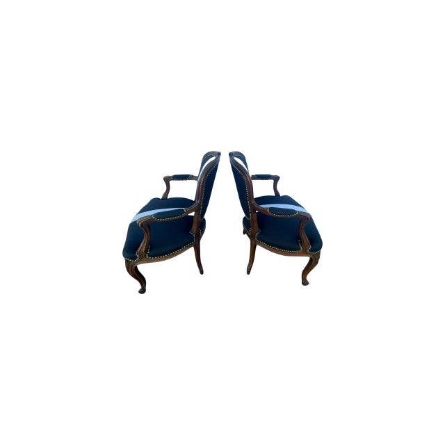 Restyled & Updated! These Antique Louis XV arm chairs are newly dressed in this updated black & white strip and they wear...