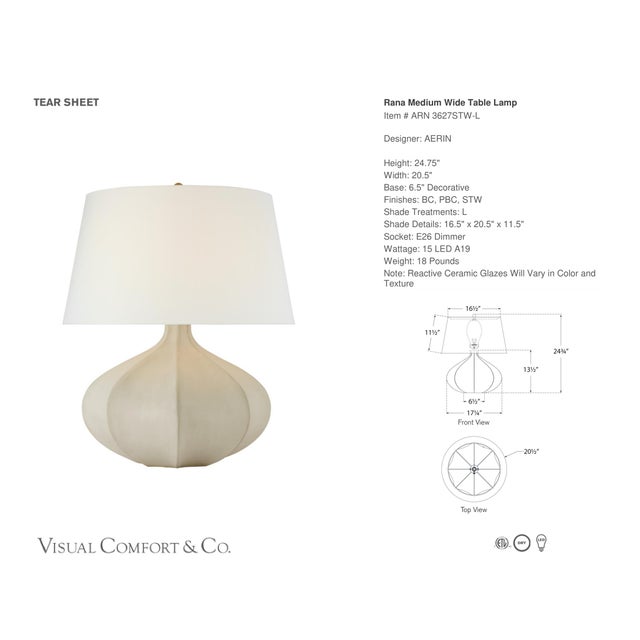 AERIN by Visual Comfort Signature Rana Medium Wide Table Lamp in Stone White with Linen Shade Designer: AERIN Height:...