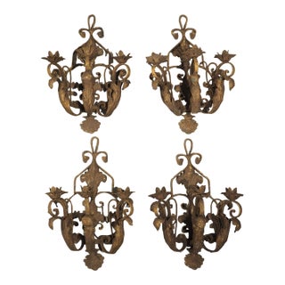 Set of Four Vintage French 3-Arm Iron and Tole Sconces, Distressed Gilt Finish For Sale