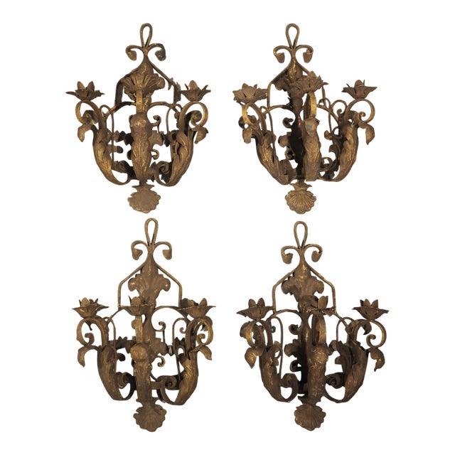 Set of Four Vintage French 3-Arm Iron and Tole Sconces, Distressed Gilt Finish For Sale