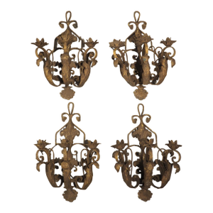 Set of Four Vintage French 3-Arm Iron and Tole Sconces, Distressed Gilt Finish