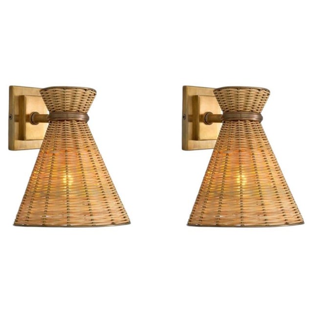 Natural Rattan and Vintage Brass Wall Lamps, Set of 2 For Sale - Image 9 of 9