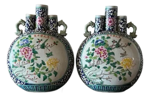 Antique 15" Chinese Famille Rose Moon Flask Vases - Guangxu Period - A Pair