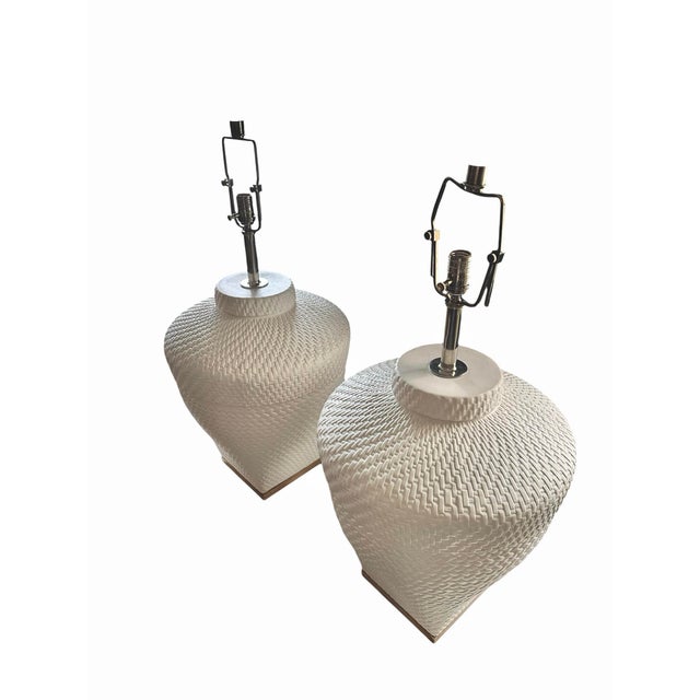 Early 21st Century Contemporary White Ralph Lauren Ceramic Woven Rope Texture Lamps With Chrome Finials - a Pair For Sale - Image 5 of 12