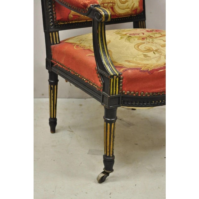 Black Antique French Empire Black Ebonized Walnut Needlepoint Parlor Arm Chair For Sale - Image 8 of 12