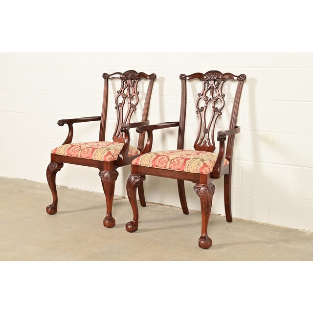 Ethan Allen Chippendale Carved Mahogany Armchairs or Dining Captain Chairs, Pair For Sale - Image 14 of 14