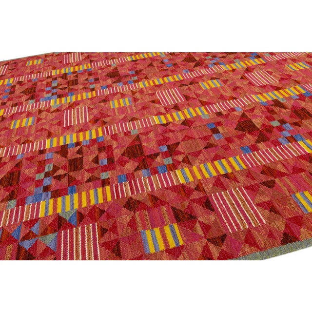 Mid-Century Modern Vibrant Terracotta Geometric Kilim Rug Modern Swedish-Style Wool Flatweave 10x14 For Sale - Image 3 of 10