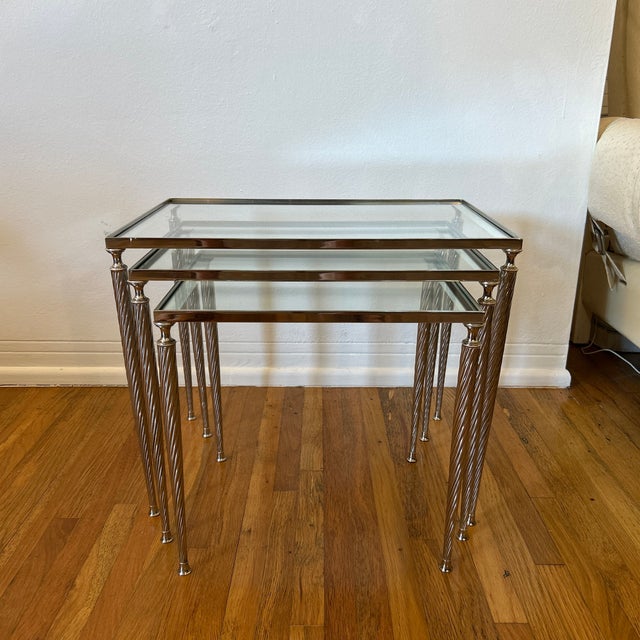1960s French Nickeled Nesting Tables With Glass Tops Maison Jansen Attributed Set of 3 For Sale - Image 9 of 12