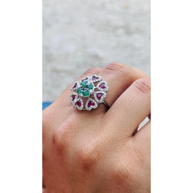 Metal Solid 14k Gold Ruby Emerald and Pave Set Diamond Bohemian Chic Flower Ring Size 5.5 For Sale - Image 7 of 7
