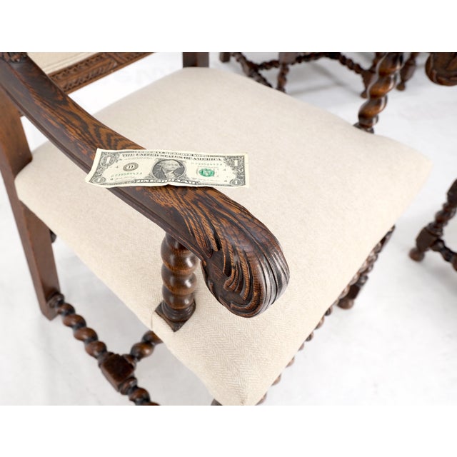 Wood 6 Fine Carved Oak Lion Heads Twisted Legs New Upholstery Jacobean Dining Chairs For Sale - Image 7 of 14