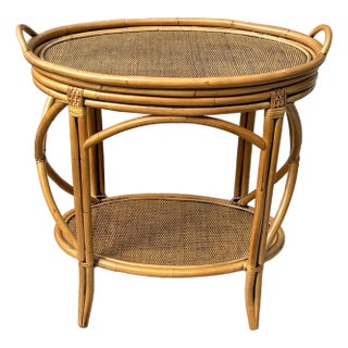 Vintage Bamboo Rattan Table W/Serving Tray For Sale