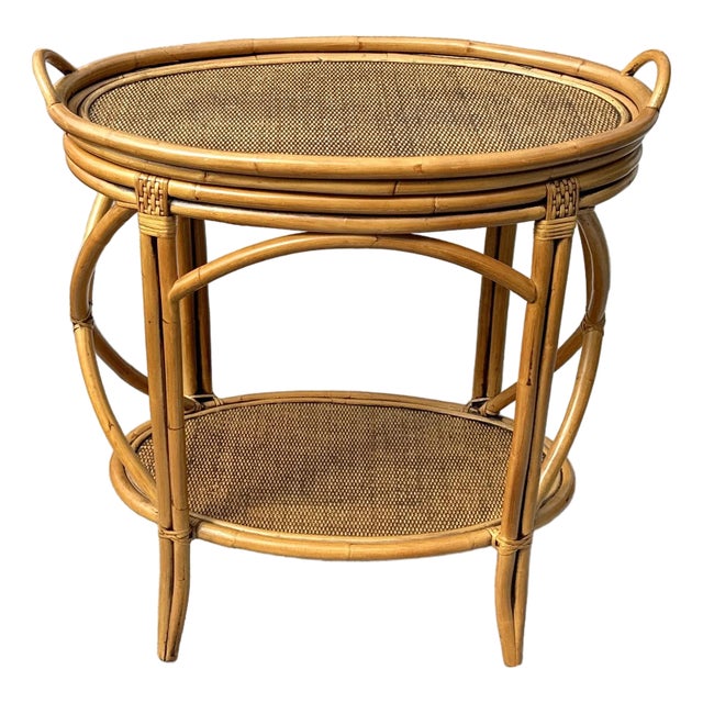 Vintage Bamboo Rattan Table W/Serving Tray For Sale