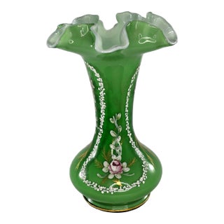 Vintage Fenton Art Glass Vase Charleton Awco Green Overlay Roses Hand Painted For Sale