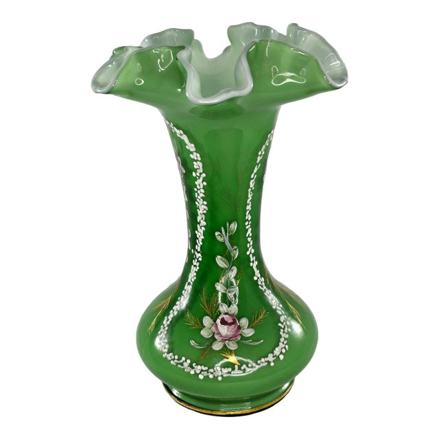 Vintage Fenton Art Glass Vase Charleton Awco Green Overlay Roses Hand Painted For Sale