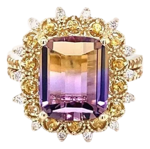 6.38 Carat Ametrine Yellow Sapphire Diamond Yellow Gold Cocktail Ring, Size 7