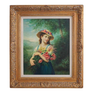 Girl With Flowers Framed Oil on Canvas Painting For Sale