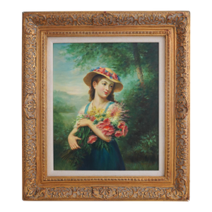 Girl With Flowers Framed Oil on Canvas Painting