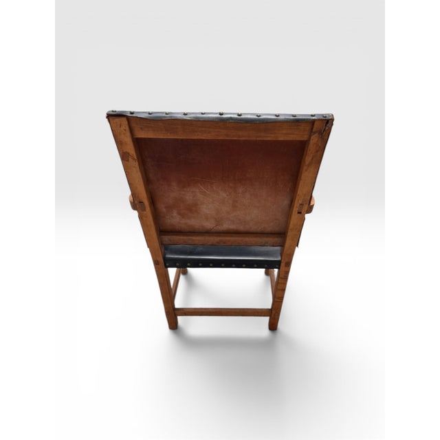 Black Antique Arts & Crafts Oak Library Armchair With Black Leather For Sale - Image 8 of 11