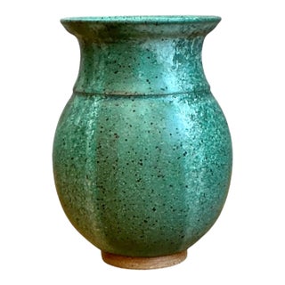 Vintage Speckled Green Ceramic Vase For Sale