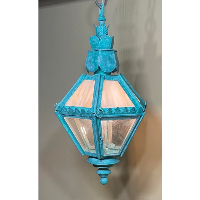 American Vintage Verdigris Patina Lantern – Art Glass Hanging Chandelier/ Pendant For Sale - Image 3 of 16
