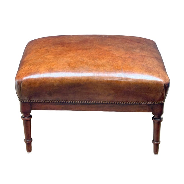 French Leather Ottoman Seat or Stool on Turned Walnut Frame For Sale - Image 10 of 11