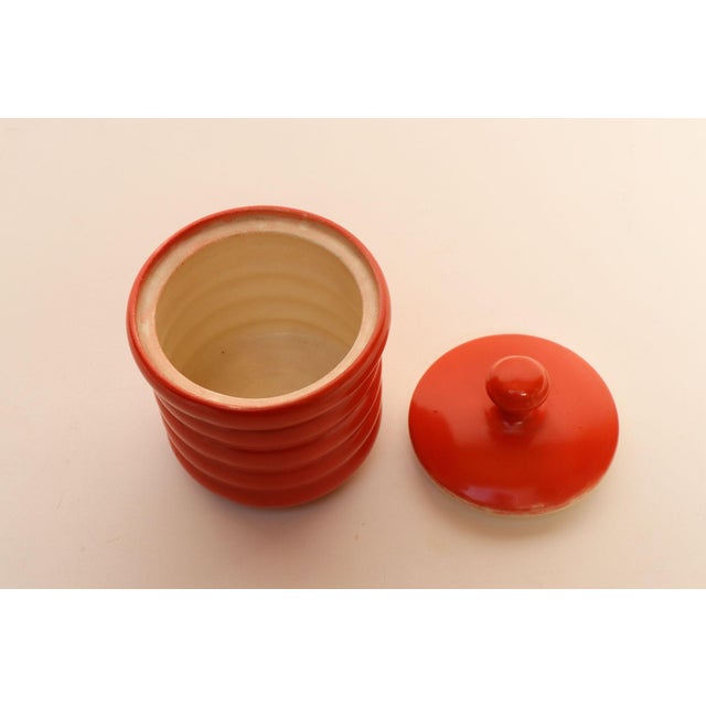 Vintage Czech Bohemian Orange Art Pottery Ribbed Lidded Canister by Erphila For Sale - Image 4 of 17