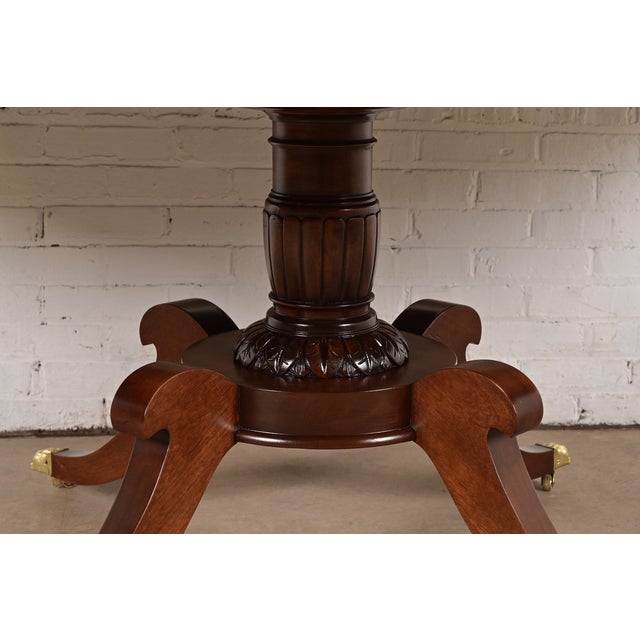 Baker Furniture Style Georgian Banded Mahogany and Burl Wood Pedestal Extension Dining Table, Newly Refinished For Sale - Image 11 of 14