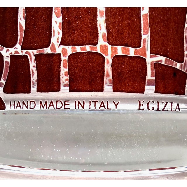 Circa 1995 Egizia Italy Contemporary Abstract Dark Red Screen-Printed Pattern on Colorless Cylindrical Glass Vase For Sale - Image 13 of 14