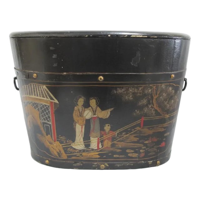 Antique Chinoiserie Chinese Hand Painted Lacquer Wood Rice Bin Box With Lid For Sale