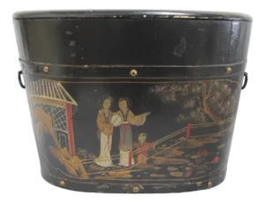 Antique Chinoiserie Chinese Hand Painted Lacquer Wood Rice Bin Box With Lid