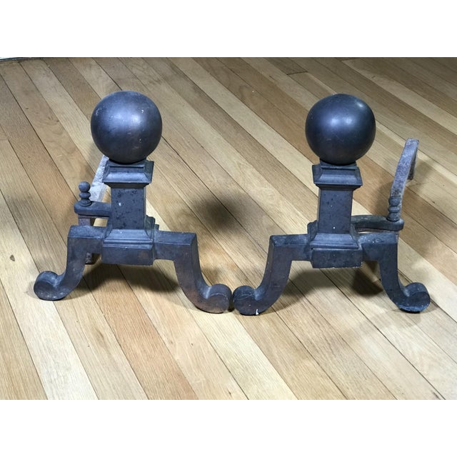 Traditional Vintage Federal Style Brass Cannonball Andirons—A Pair For Sale - Image 3 of 5