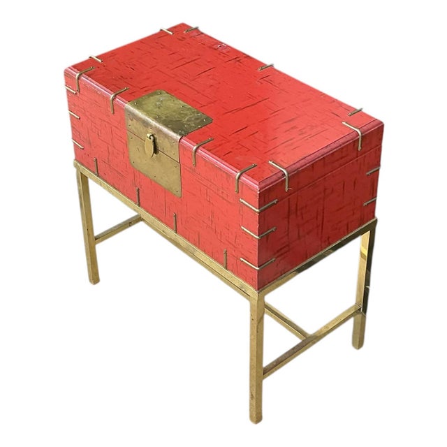 Chinese 20th-C. Modern Chinese Red & Brass Box on Stand / Side Table For Sale - Image 3 of 7