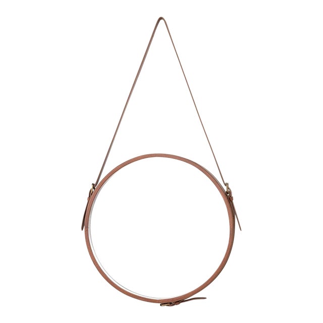 Contemporary Faux Leather Strap Framed Circular Mirror For Sale