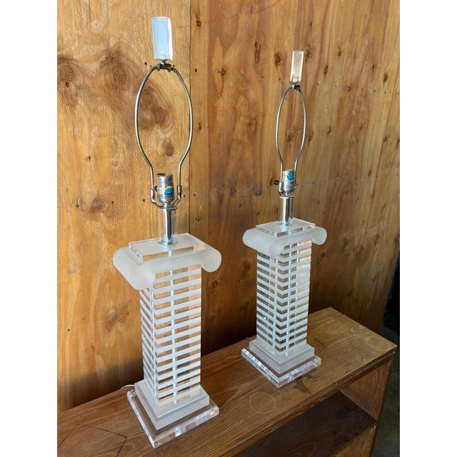 Vintage 1991 Bauer Lamp Co. Lucite & Frosted Acrylic Table Lamps – Pair | Art Deco Revival Striking pair of vintage 1991...