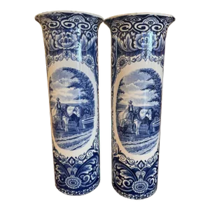 Pair of Mid-Century Dutch Hand Painted Faience Delft Vases With Pastoral Scenes