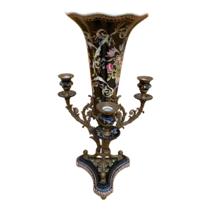 Antique French Porcelain Flower Vase With Brass Candelabra