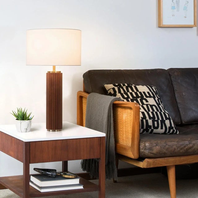 Mid-Century Modern Tambo Table Lamp - Dark Walnut Wood Finish, Weathered Brass, White Linen Shade For Sale - Image 3 of 12