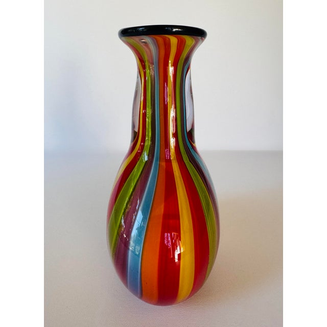 Late 20th Century Badash Hand Blown Art Glass Rainbow Stripe Vase Black Rim 9" Colorful For Sale - Image 6 of 10