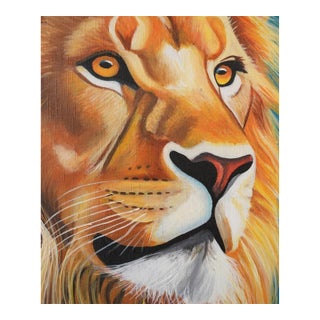Contemporary"The Watchful King" Contemporary Wildlife Painting by Edison Byarugaba, Framed For Sale