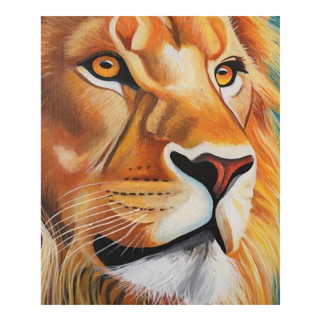 Contemporary"The Watchful King" Contemporary Wildlife Painting by Edison Byarugaba, Framed For Sale